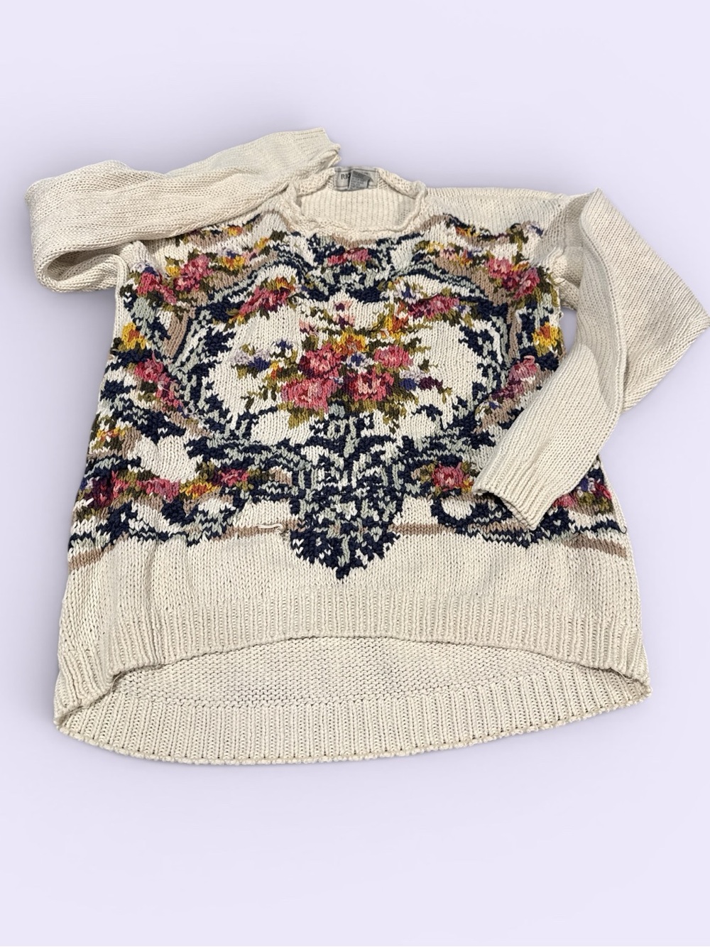 Vintage Cream Floral Crewneck Sweater - Women's Knit Pullover - Size M